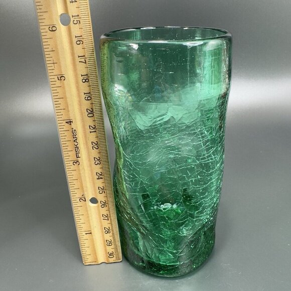 Crackle Green Glass Tumbler Pinched Dimpled Tumblers Cups Glasses Vintage Set 2 - Picture 7 of 12